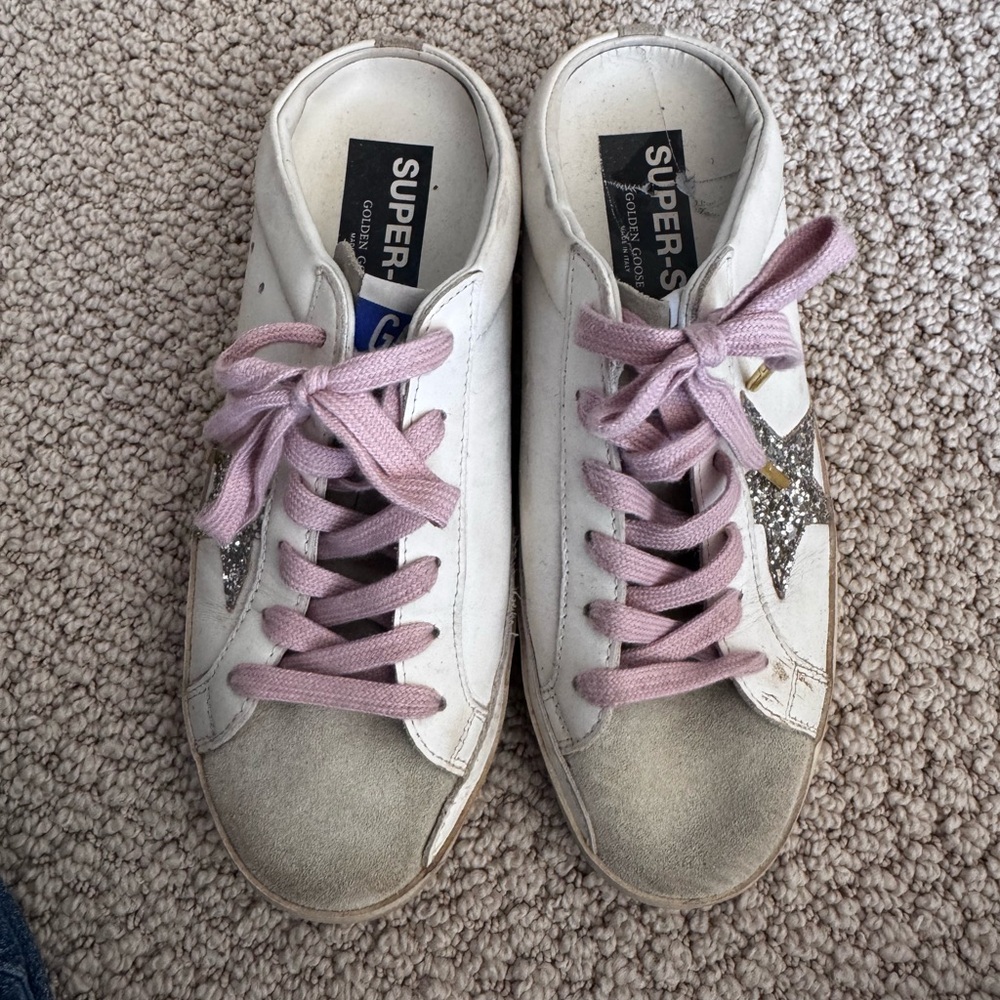 Golden Goose White Sneakers with Purple Laces